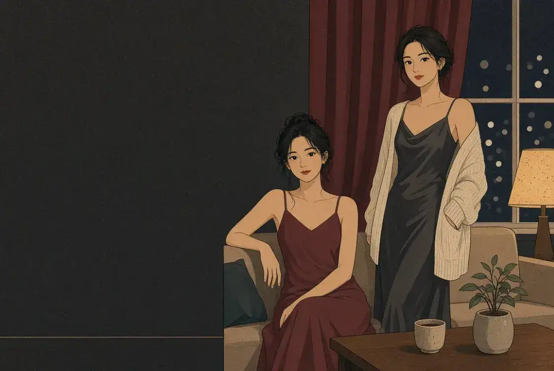 夜色中的休息室,兩位成年女性在沙發旁,身旁有檯燈與熱飲。